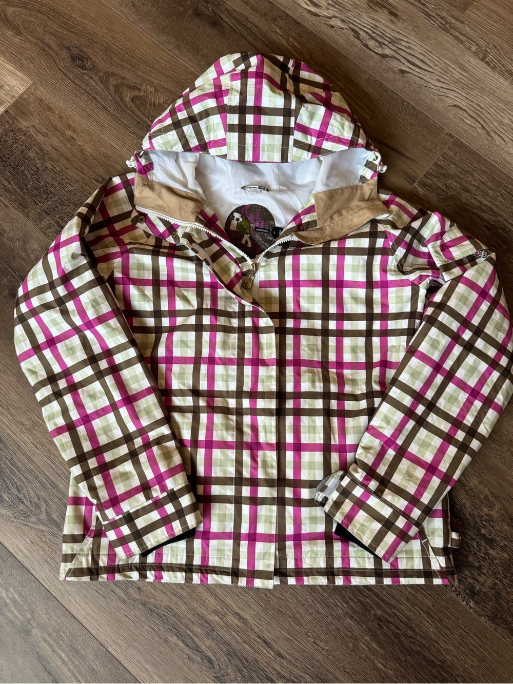 Roxy Plaid Hooded Ski Jacket in Pink, Green and Cream